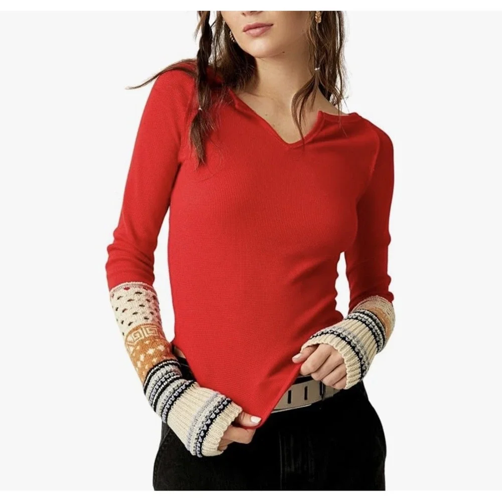 Free People Cozy Craft Cuff Top in Red small